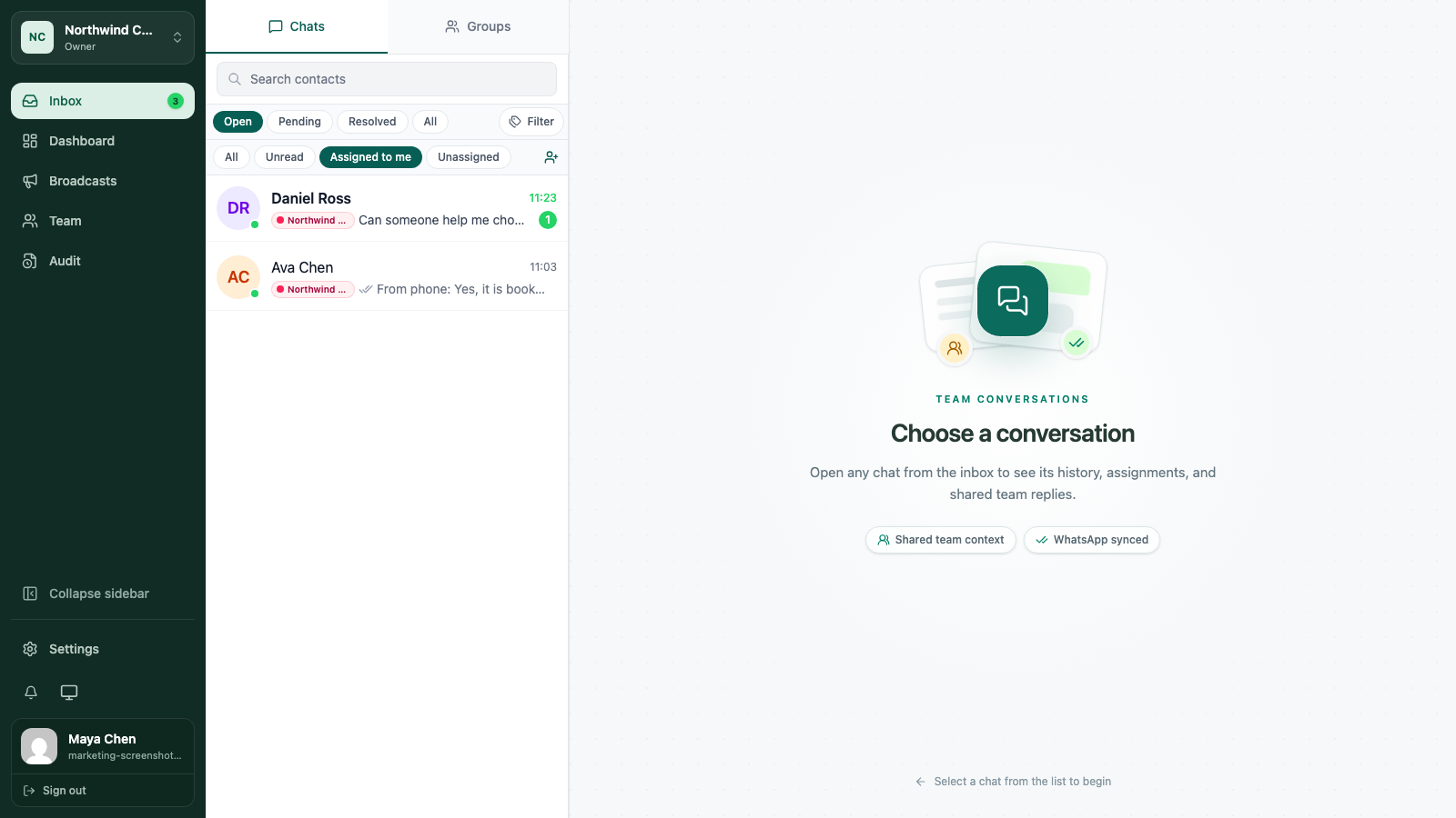 WATeamInbox inbox with guidance for finding unassigned conversations