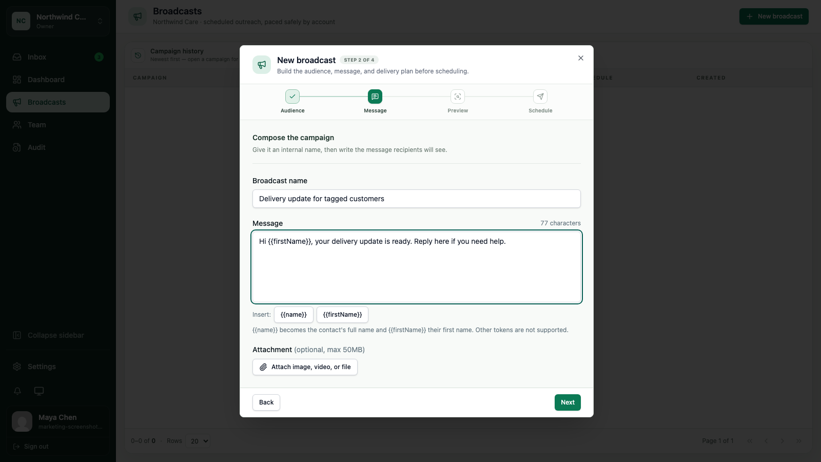 WATeamInbox broadcast wizard showing the message step with personalisation tokens