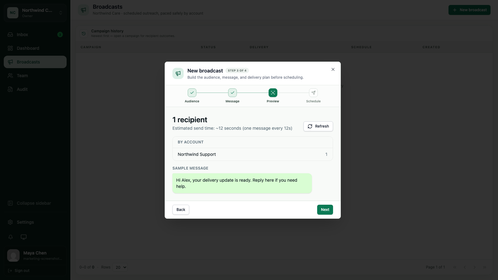 WATeamInbox broadcast preview showing recipients, delivery estimate, and sample message