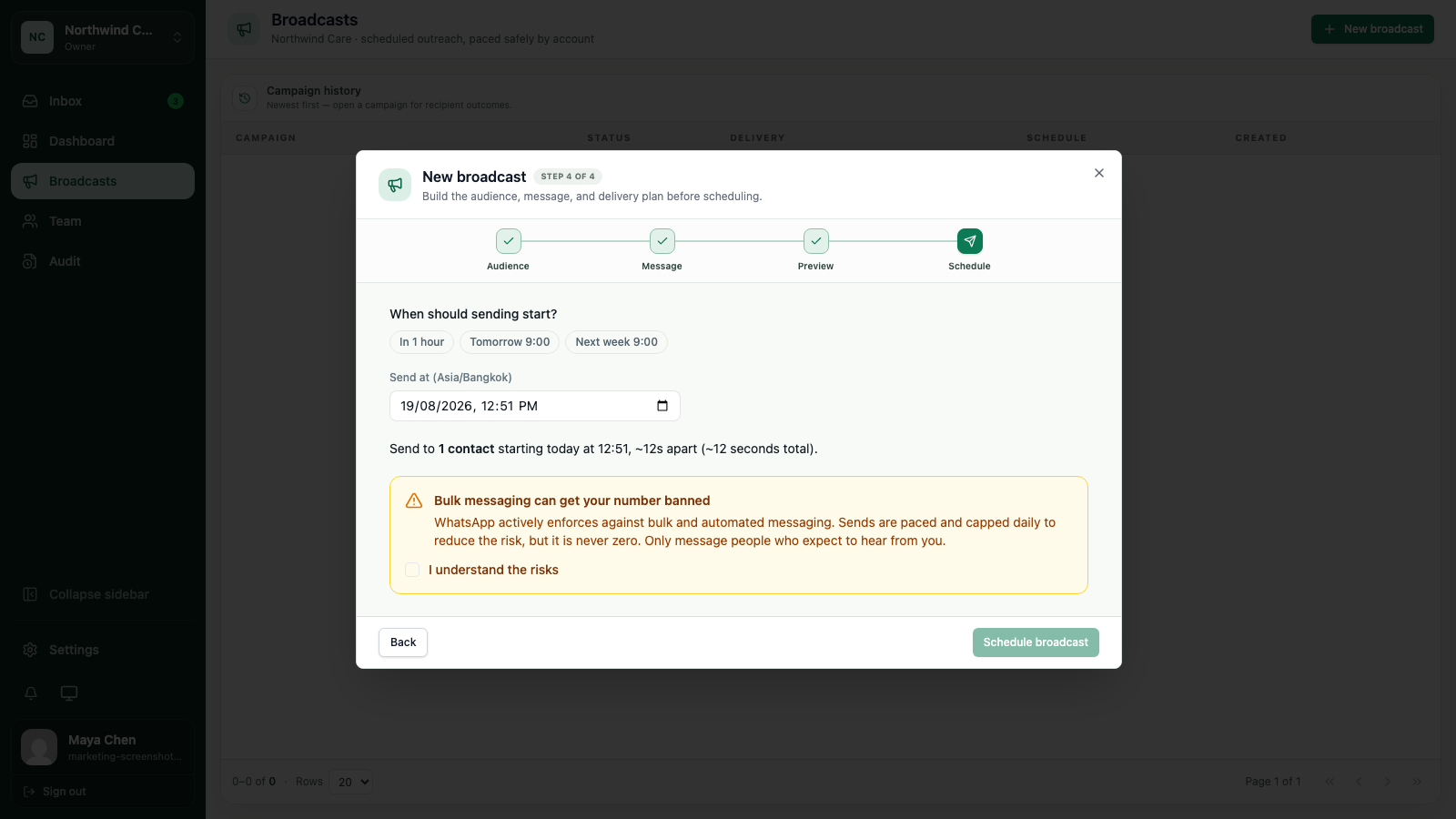 WATeamInbox broadcast schedule step showing timing, send pace, and risk acknowledgement