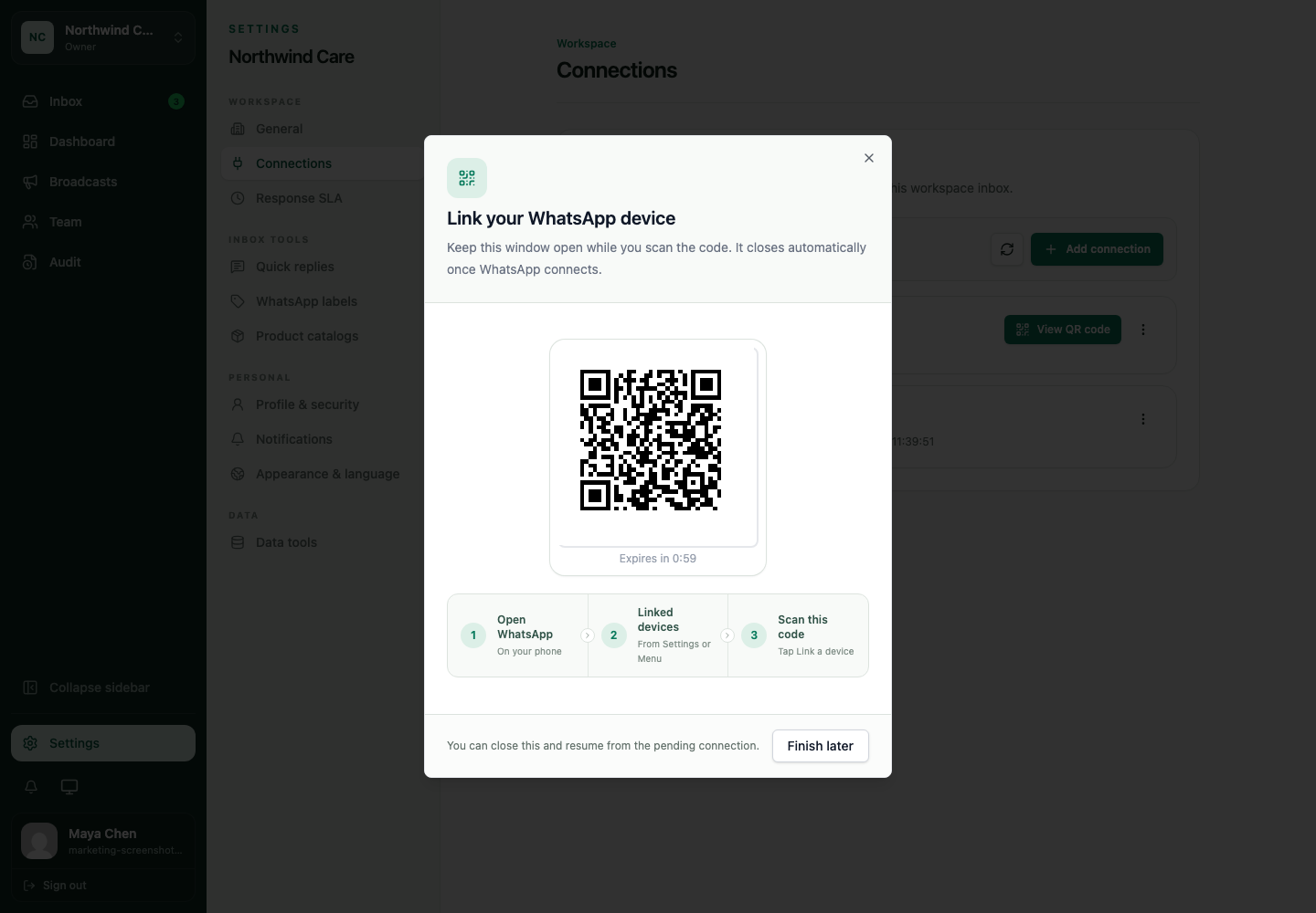 WATeamInbox Cloud dialog for linking a WhatsApp device with a QR code