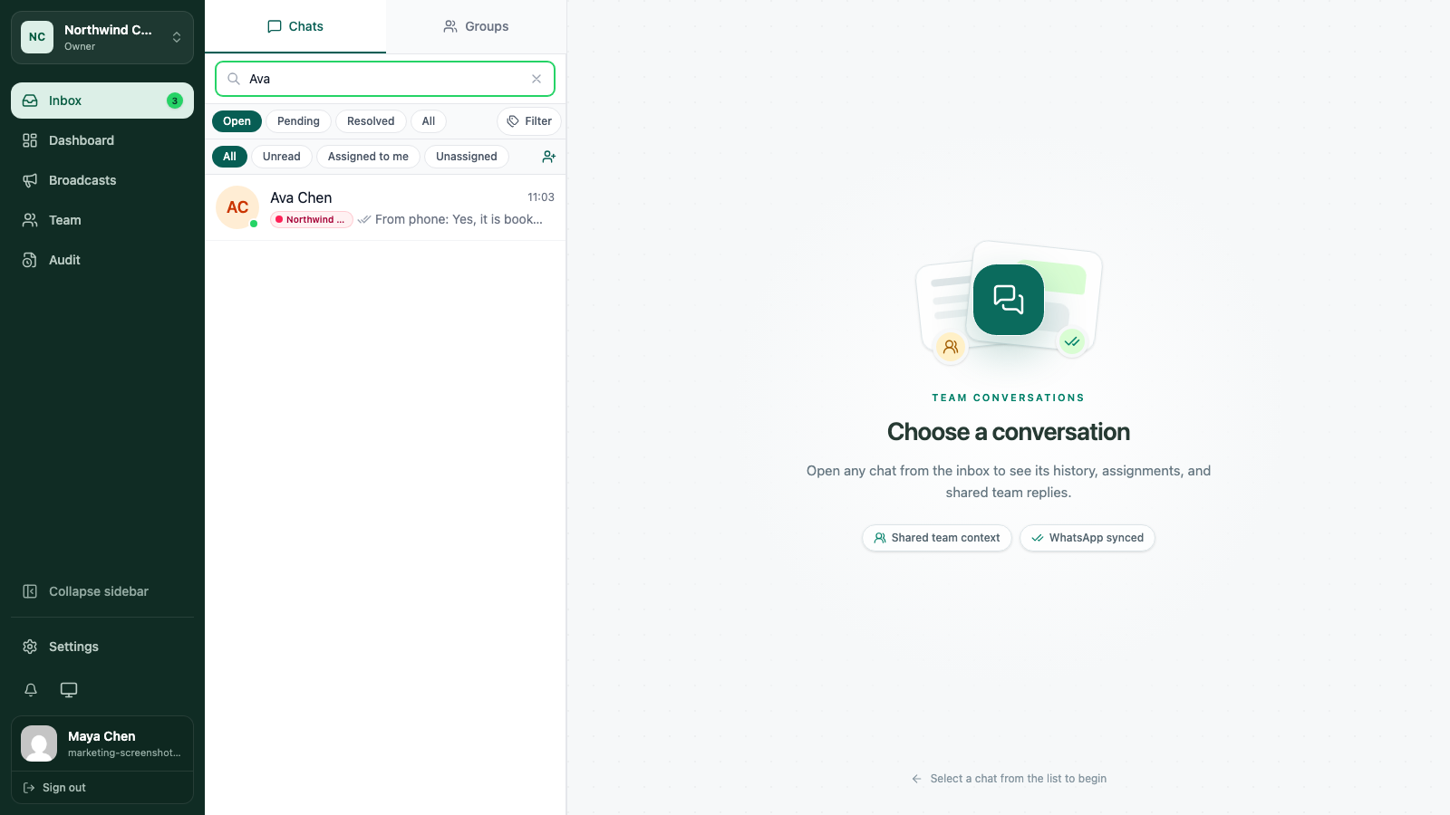 WATeamInbox contact search results showing matching names and message context