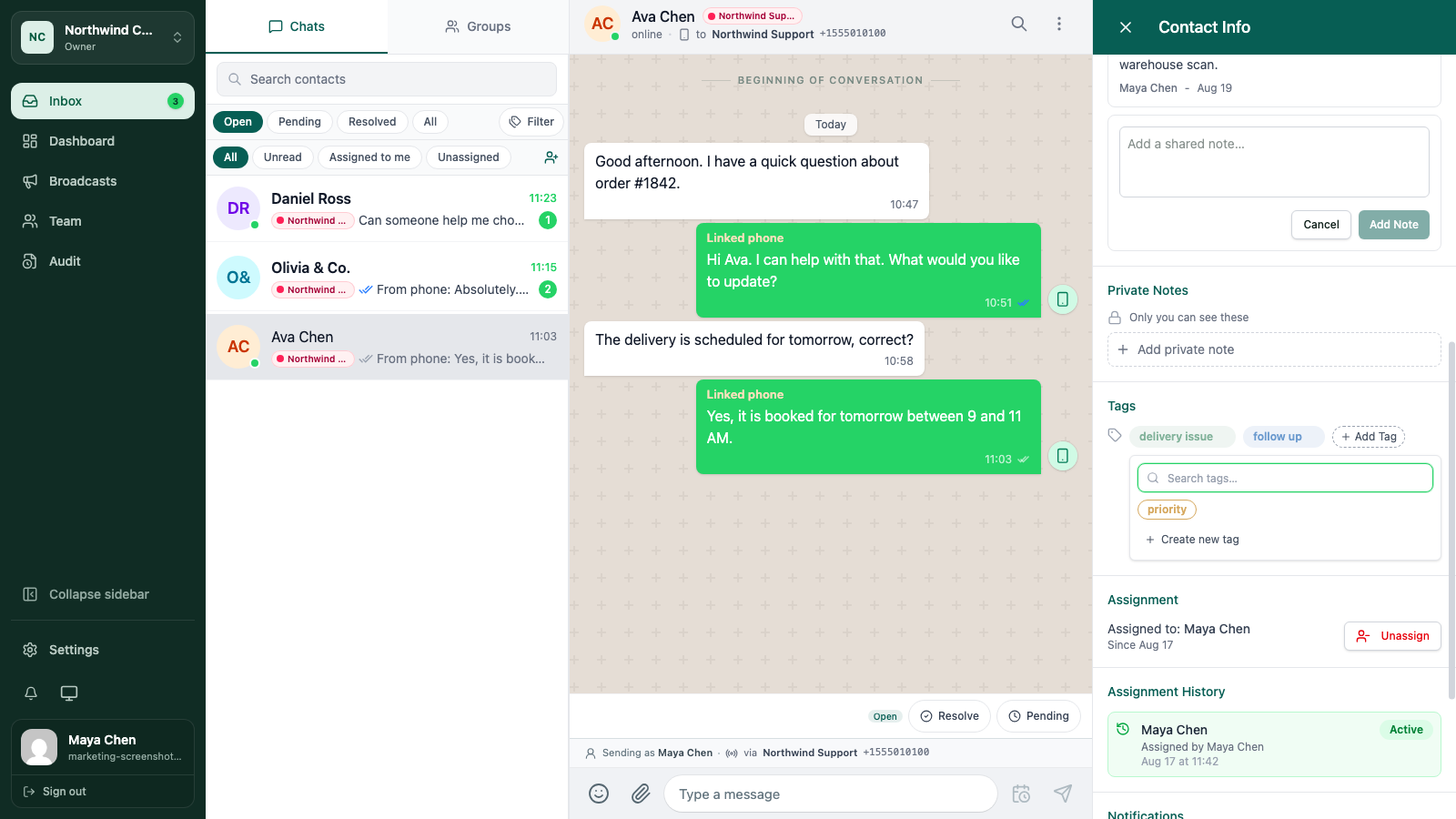 WATeamInbox contact tag picker with searchable tags and selected labels