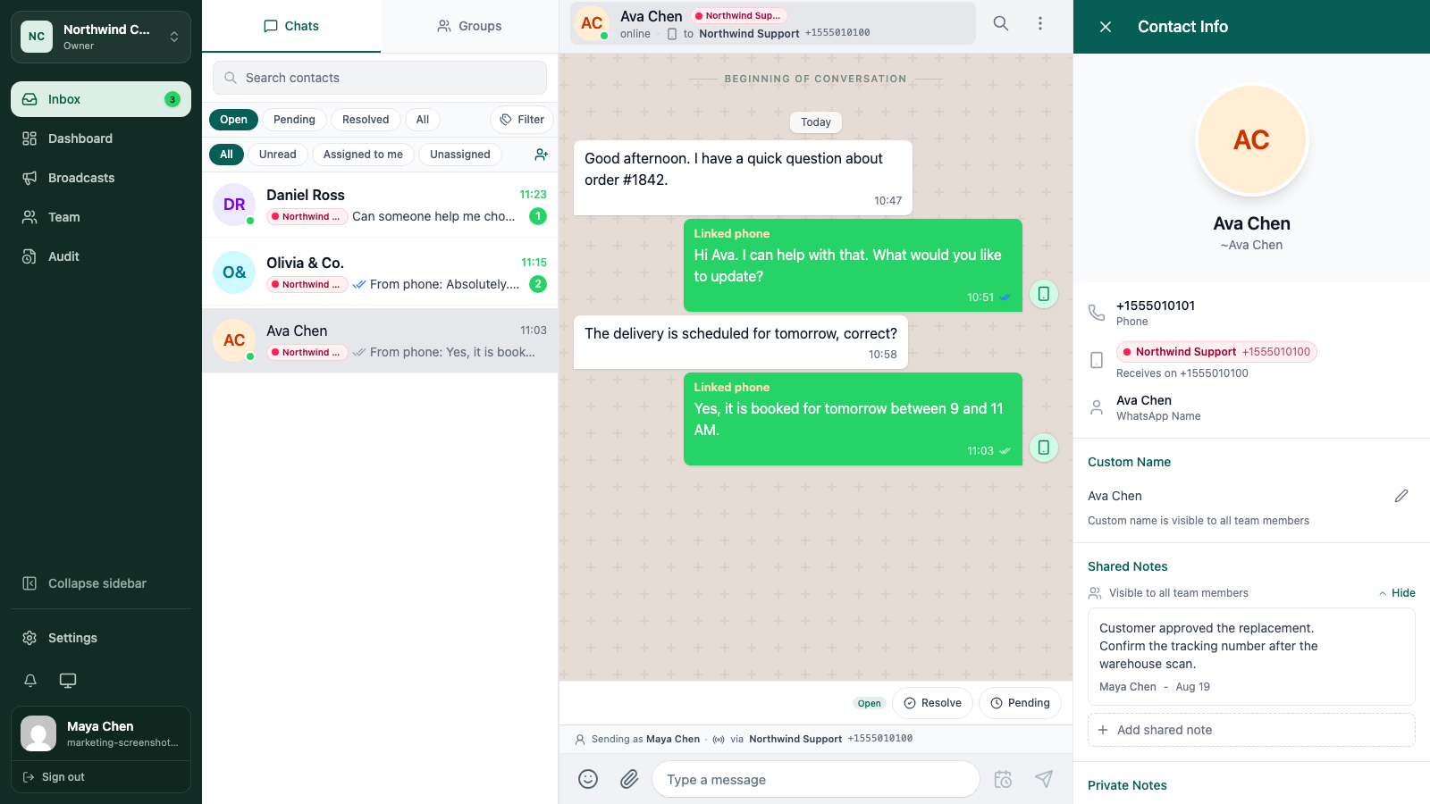 WATeamInbox contact panel showing customer details, conversation context, and tags