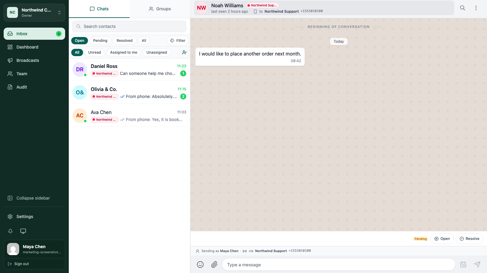 WATeamInbox conversation status menu showing Open, Pending, and Resolved options