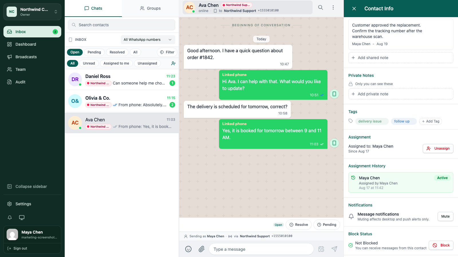 WATeamInbox contact panel with an assigned owner and shared handoff note editor