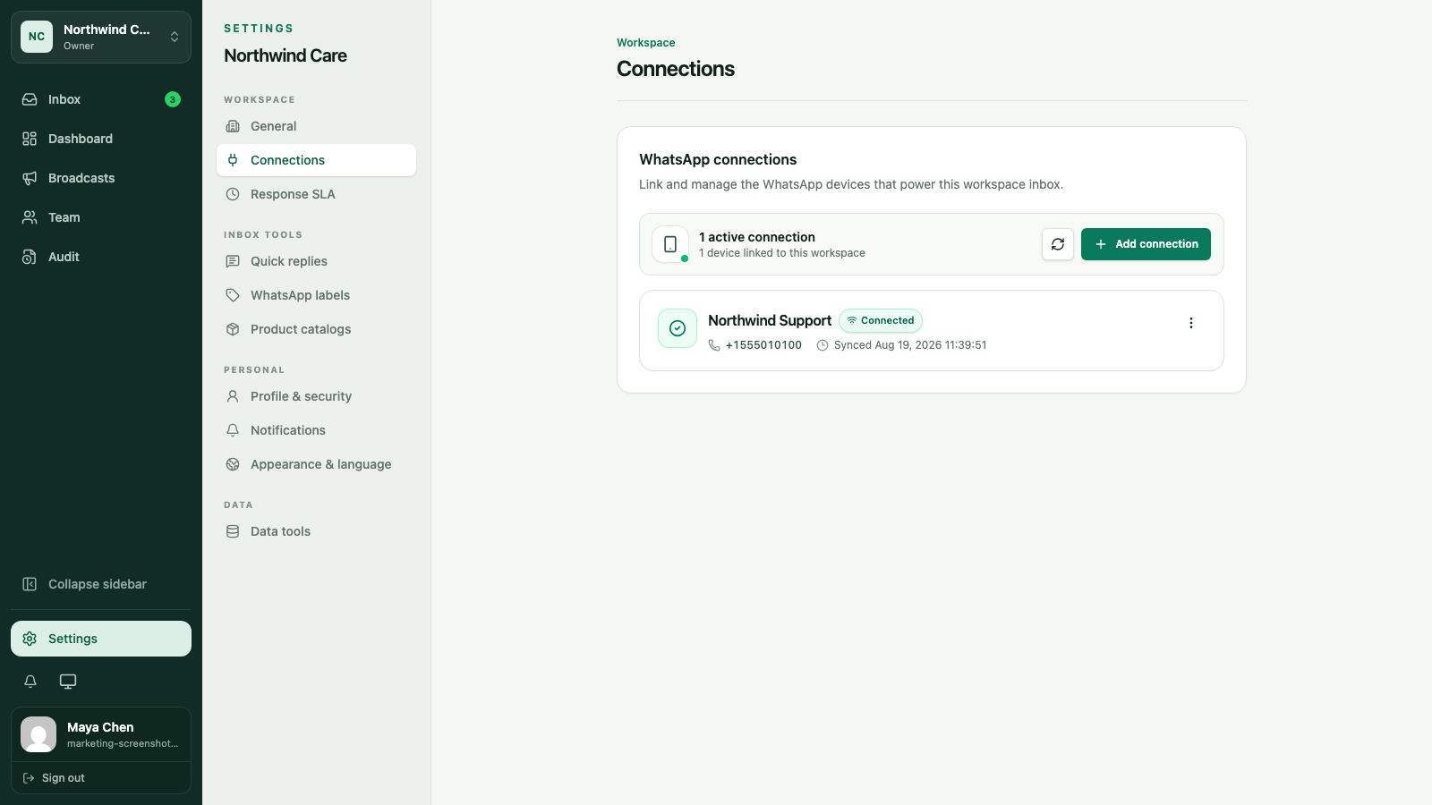 WATeamInbox Connections settings showing a connected WhatsApp device and its latest sync time