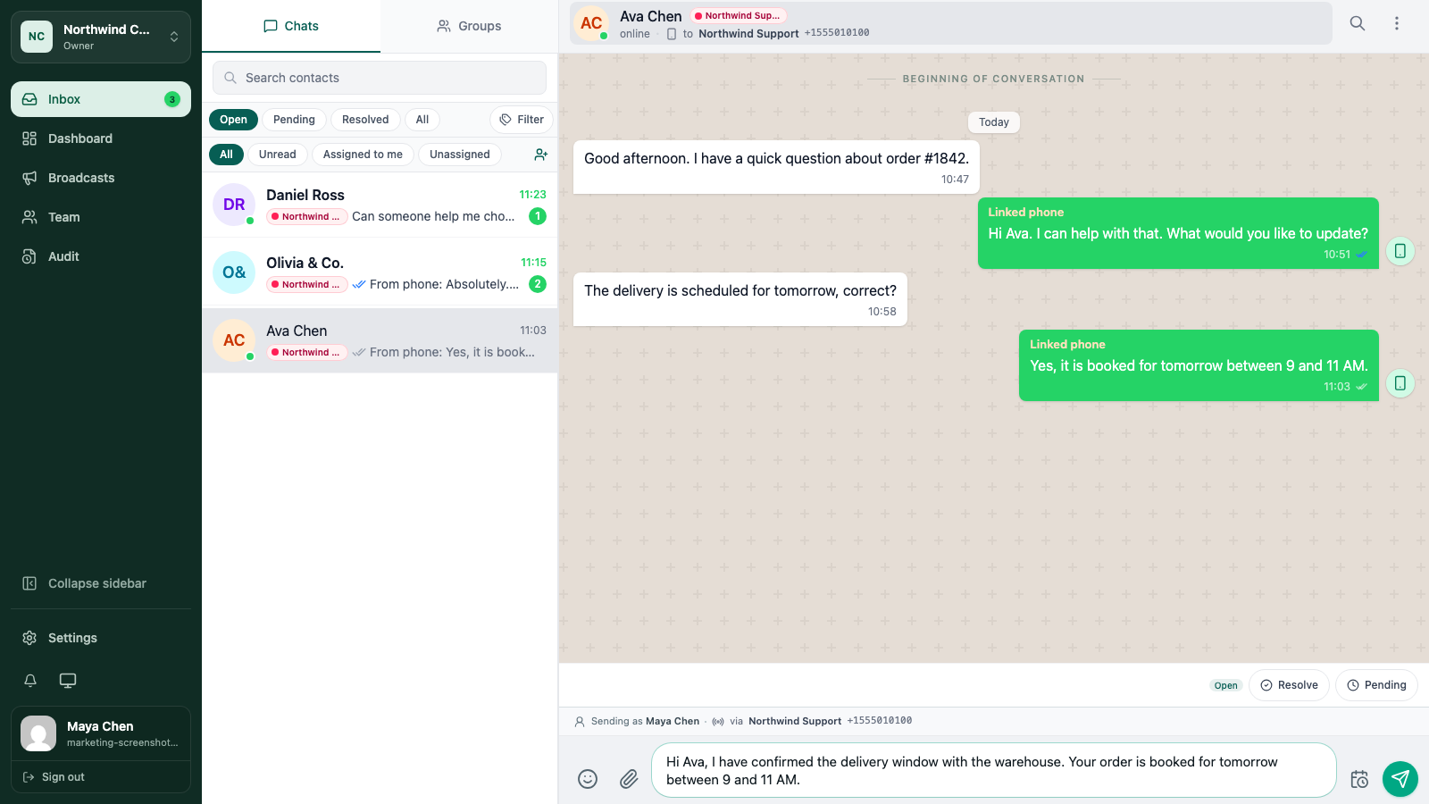 WATeamInbox message composer showing a reply, attachment, sending identity, and status controls