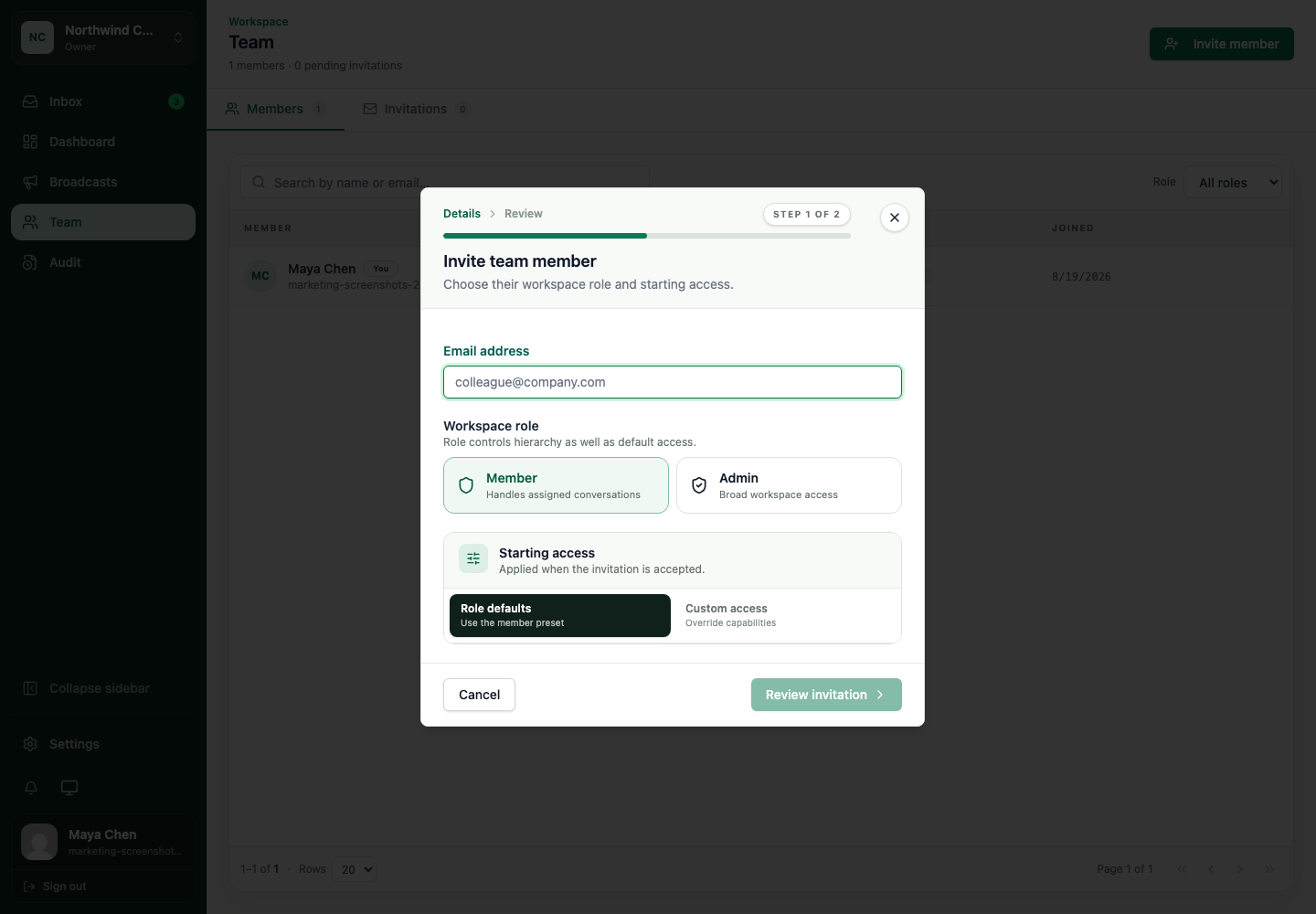 WATeamInbox Cloud invitation form with member and admin roles