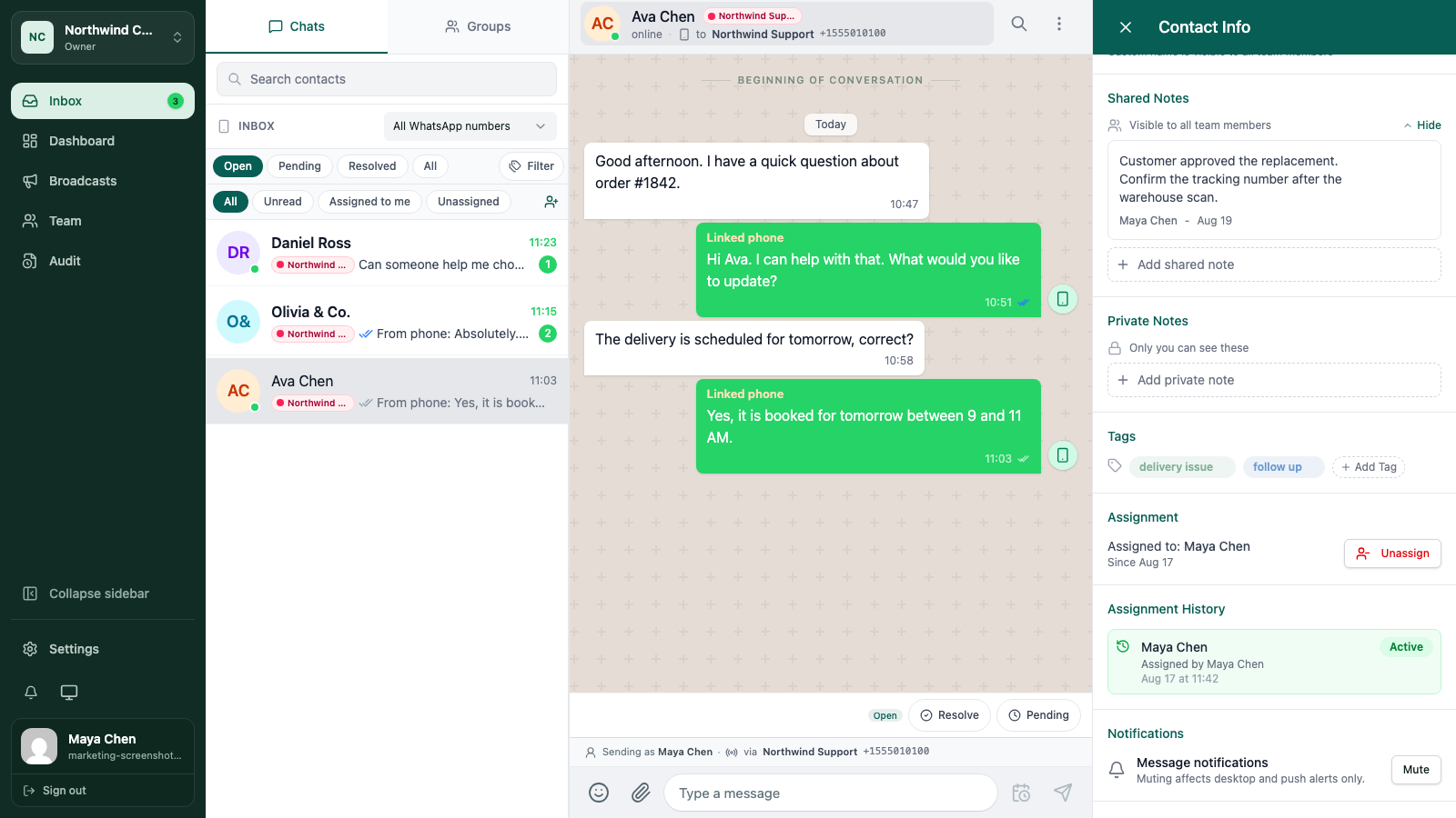 WATeamInbox contact panel showing shared notes, private notes, and tags