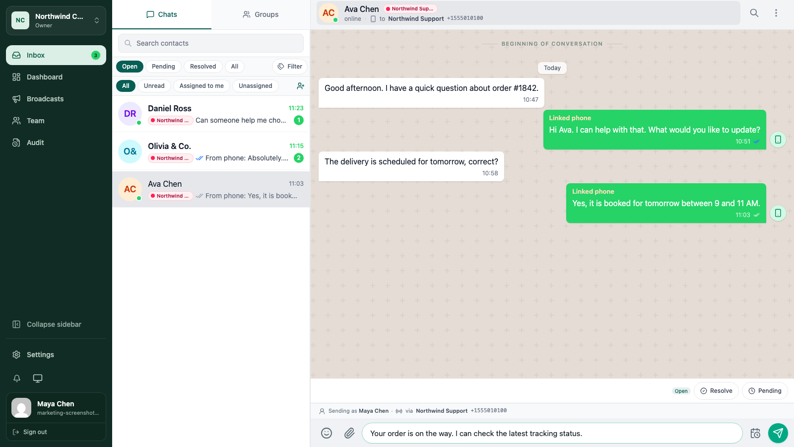 WATeamInbox composer showing an inserted quick reply ready to edit