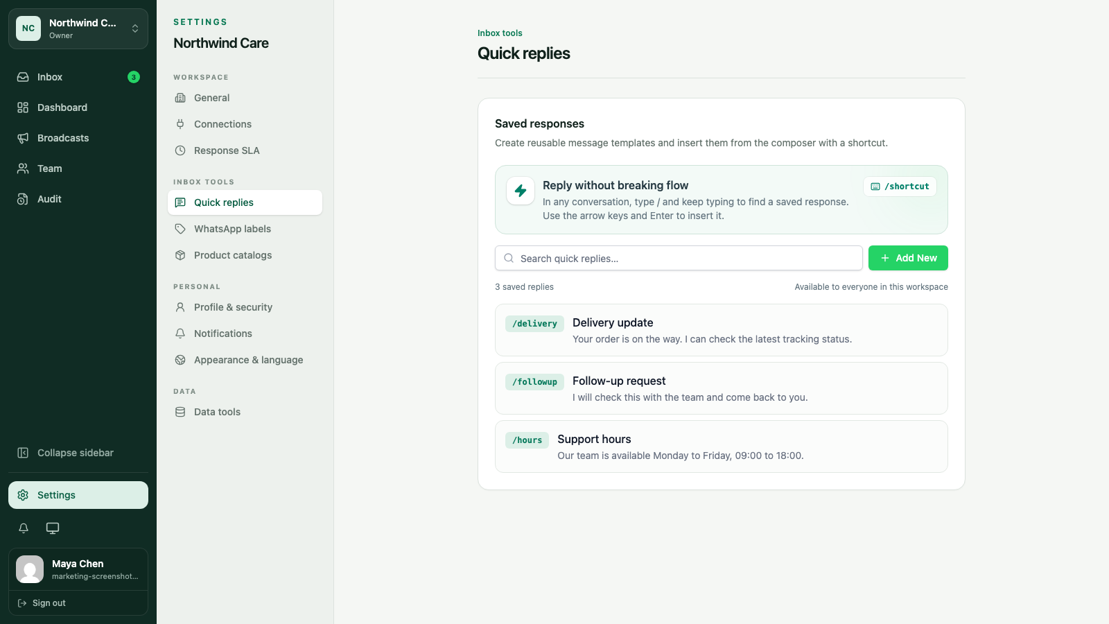WATeamInbox Settings page showing a quick reply library with shortcuts