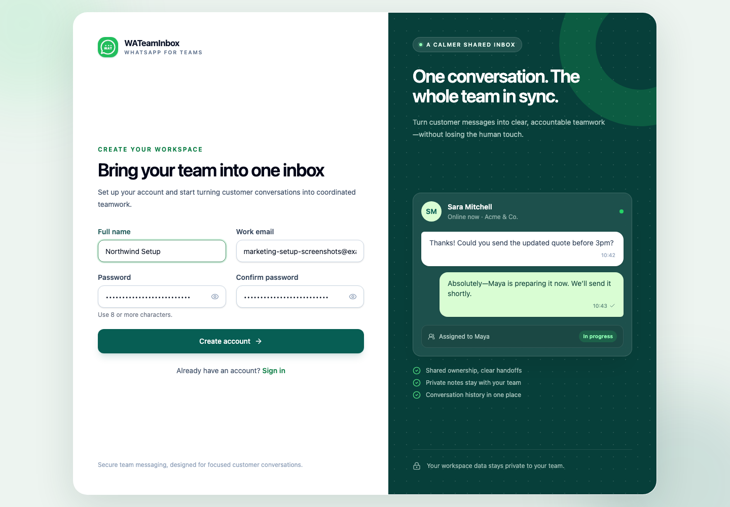 WATeamInbox Cloud workspace registration screen