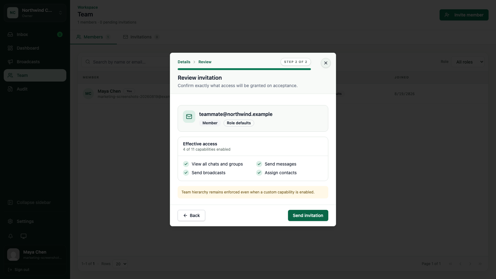 WATeamInbox invitation review showing the Member role and starting capabilities