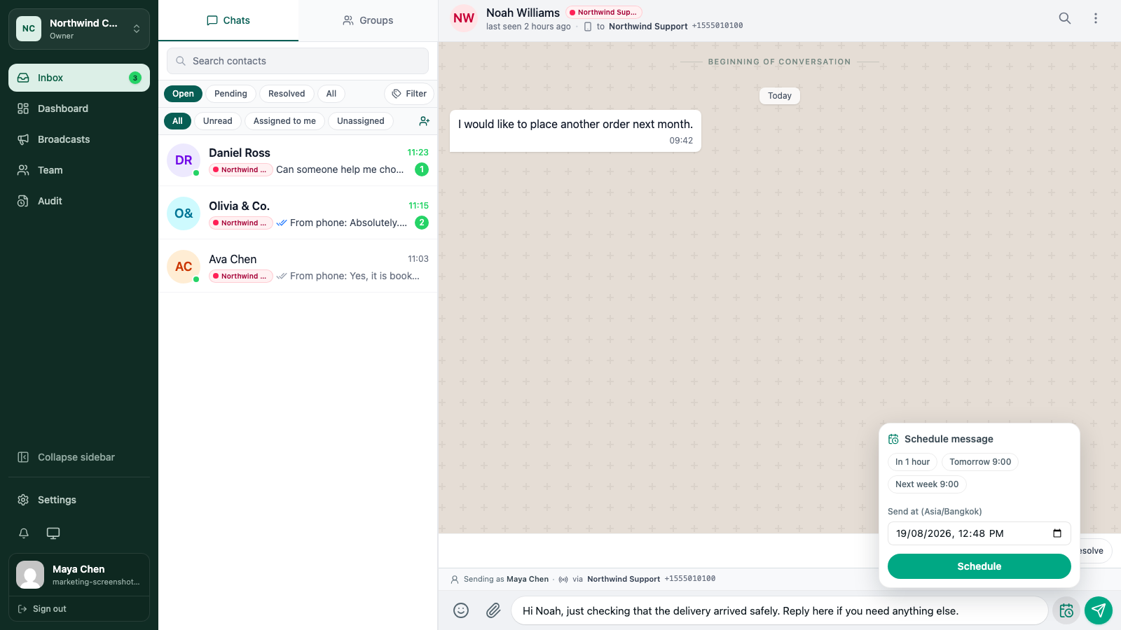 WATeamInbox schedule message popover with future send time presets