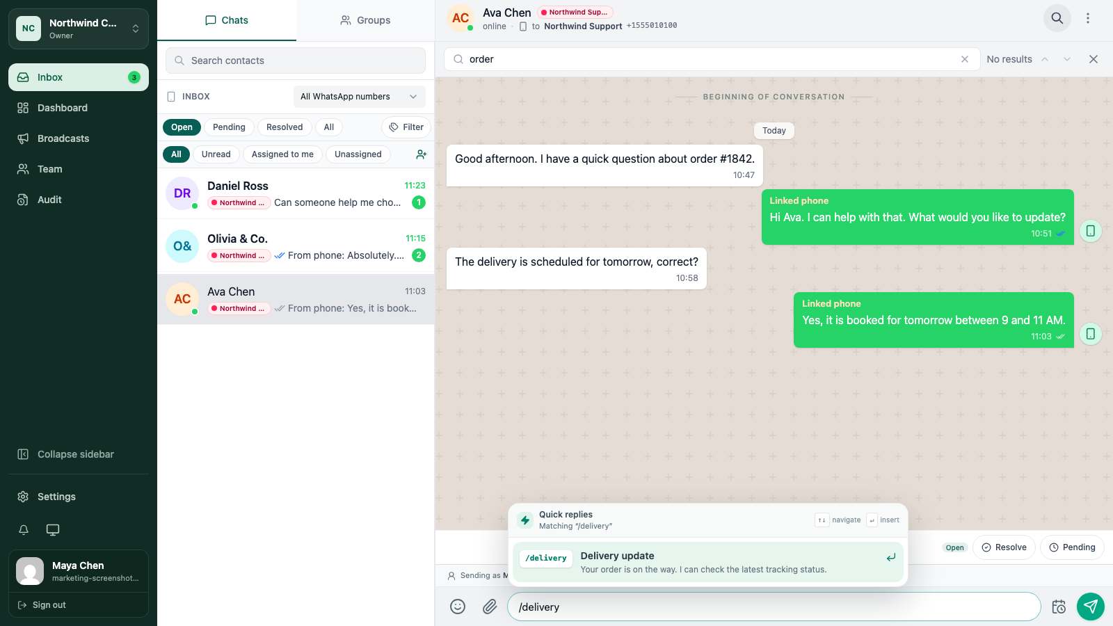 WATeamInbox conversation search bar and quick replies picker