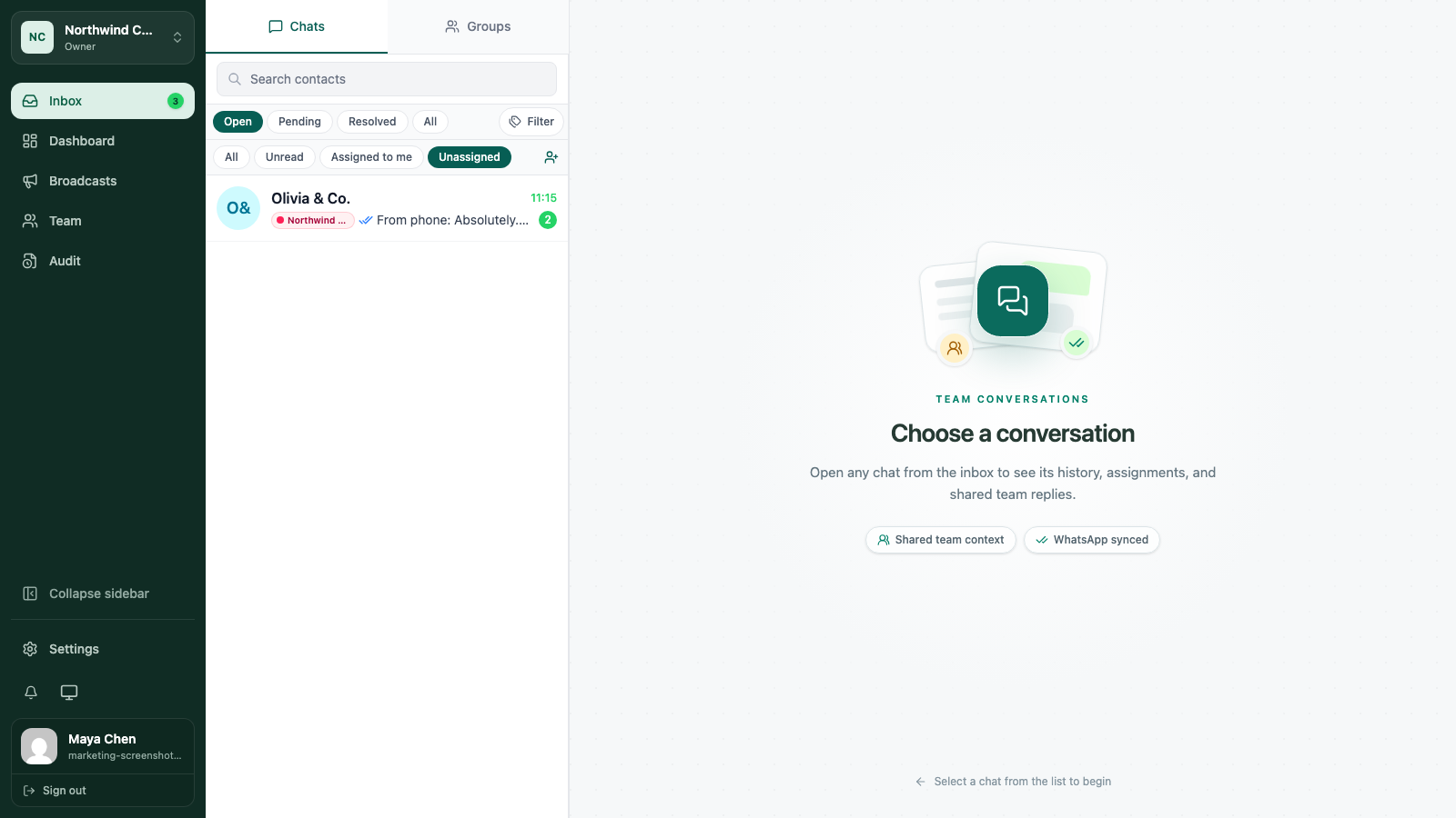 WATeamInbox shift handoff queue showing owners, statuses, and next actions