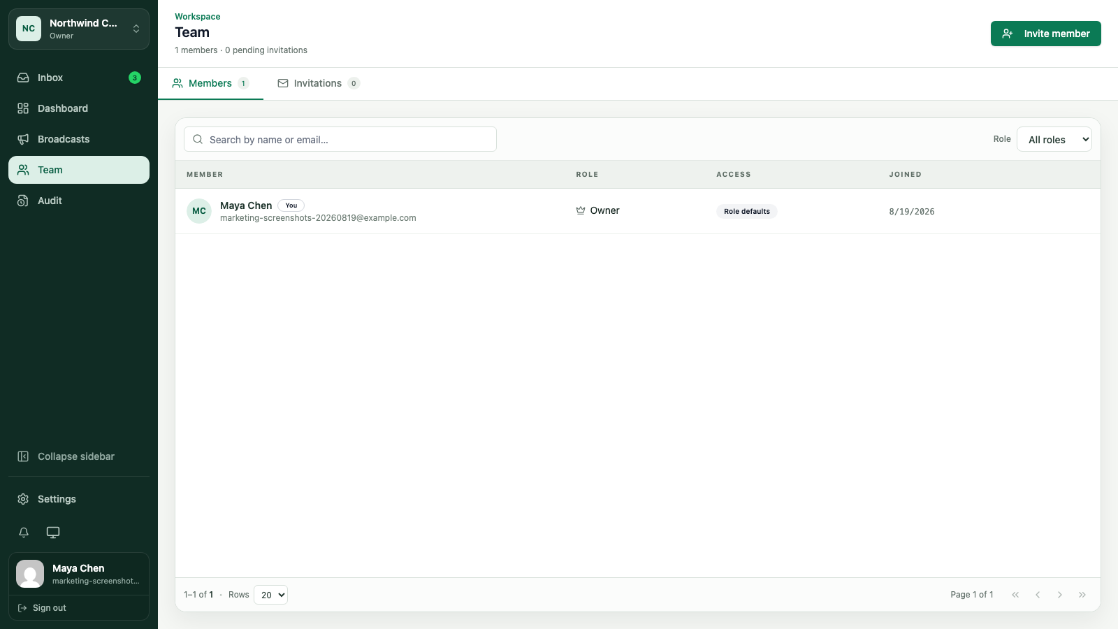 WATeamInbox Team page showing workspace members and the Invite member button