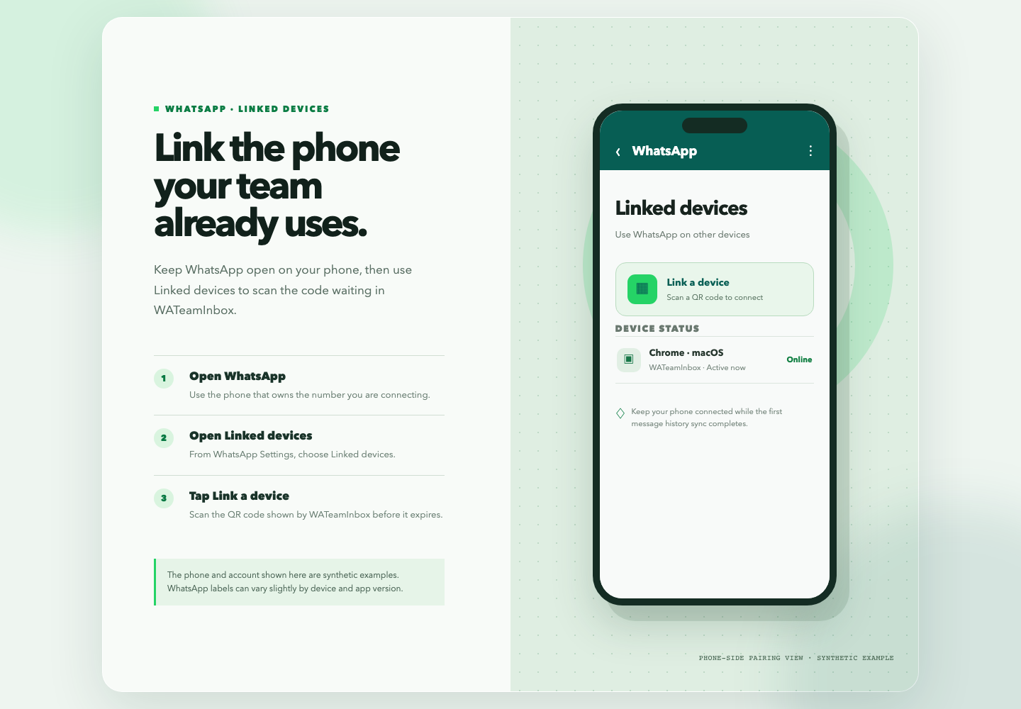 Synthetic WhatsApp Linked devices screen showing the Link a device action