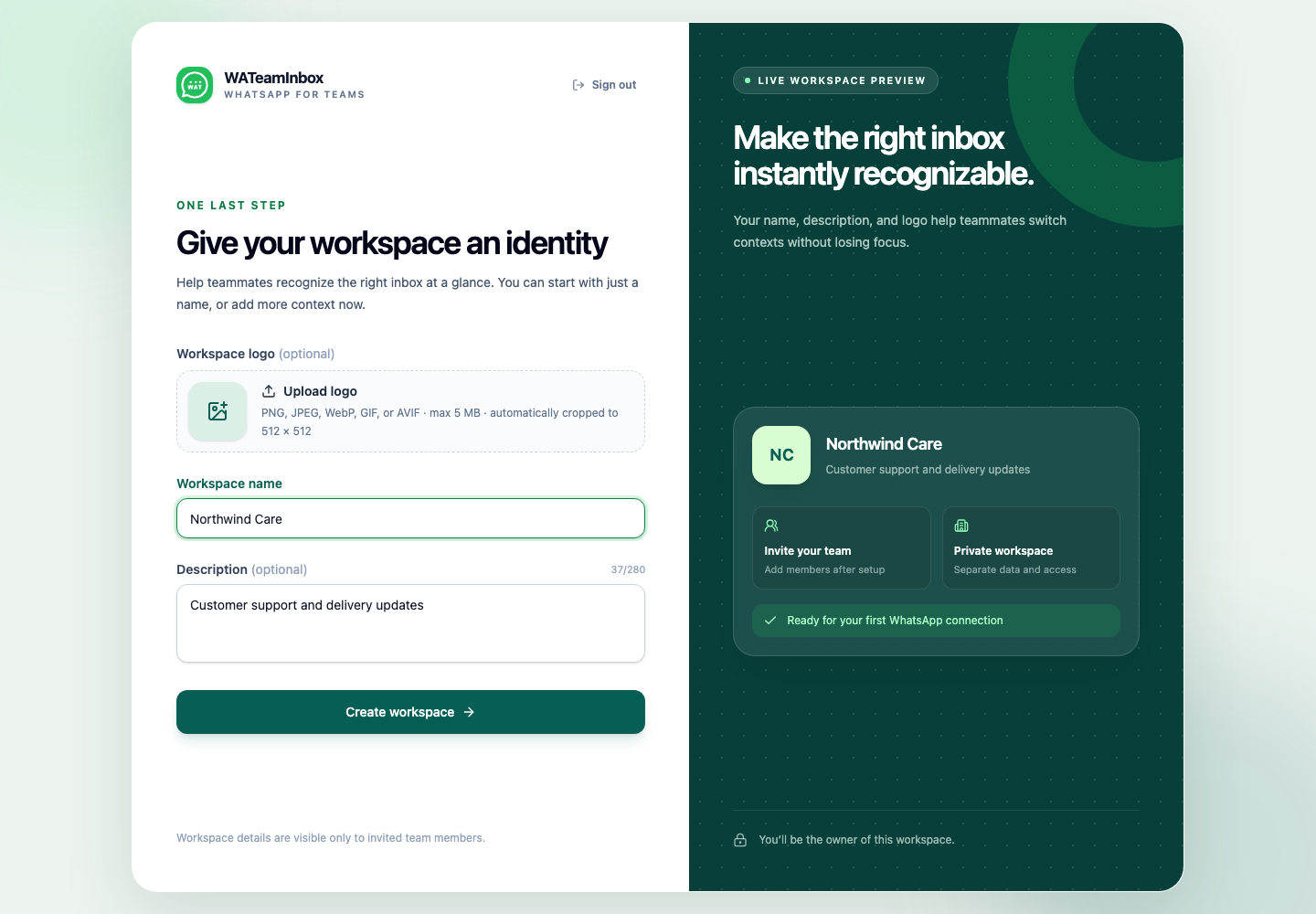 WATeamInbox Cloud workspace setup screen with a workspace name and description