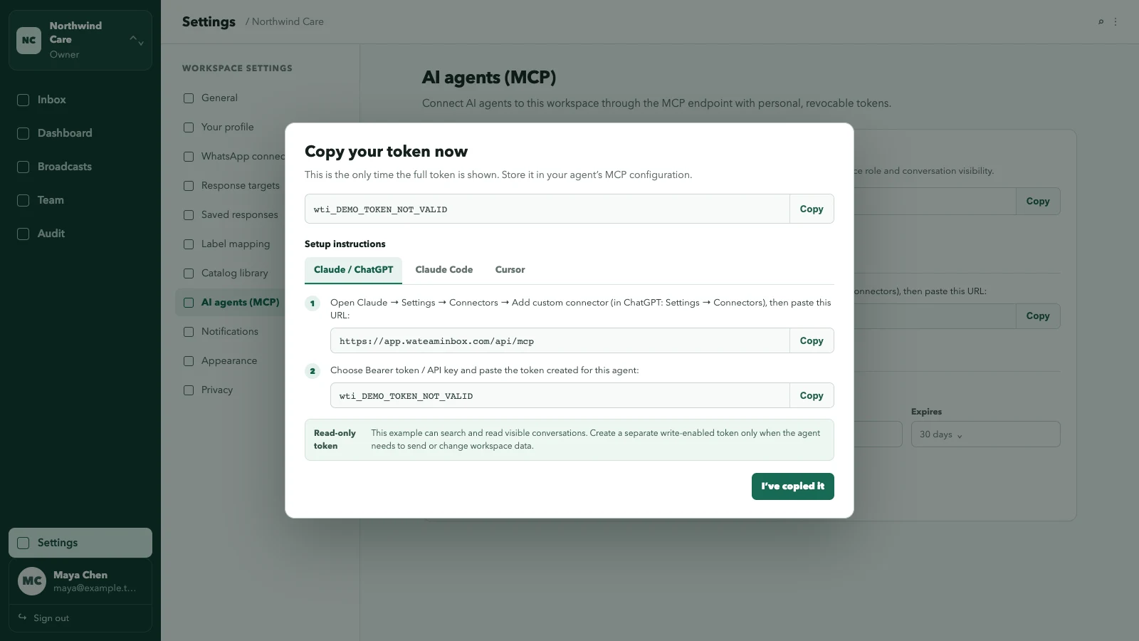 WATeamInbox one-time token dialog with Claude and ChatGPT connector instructions and a deliberately invalid demo token