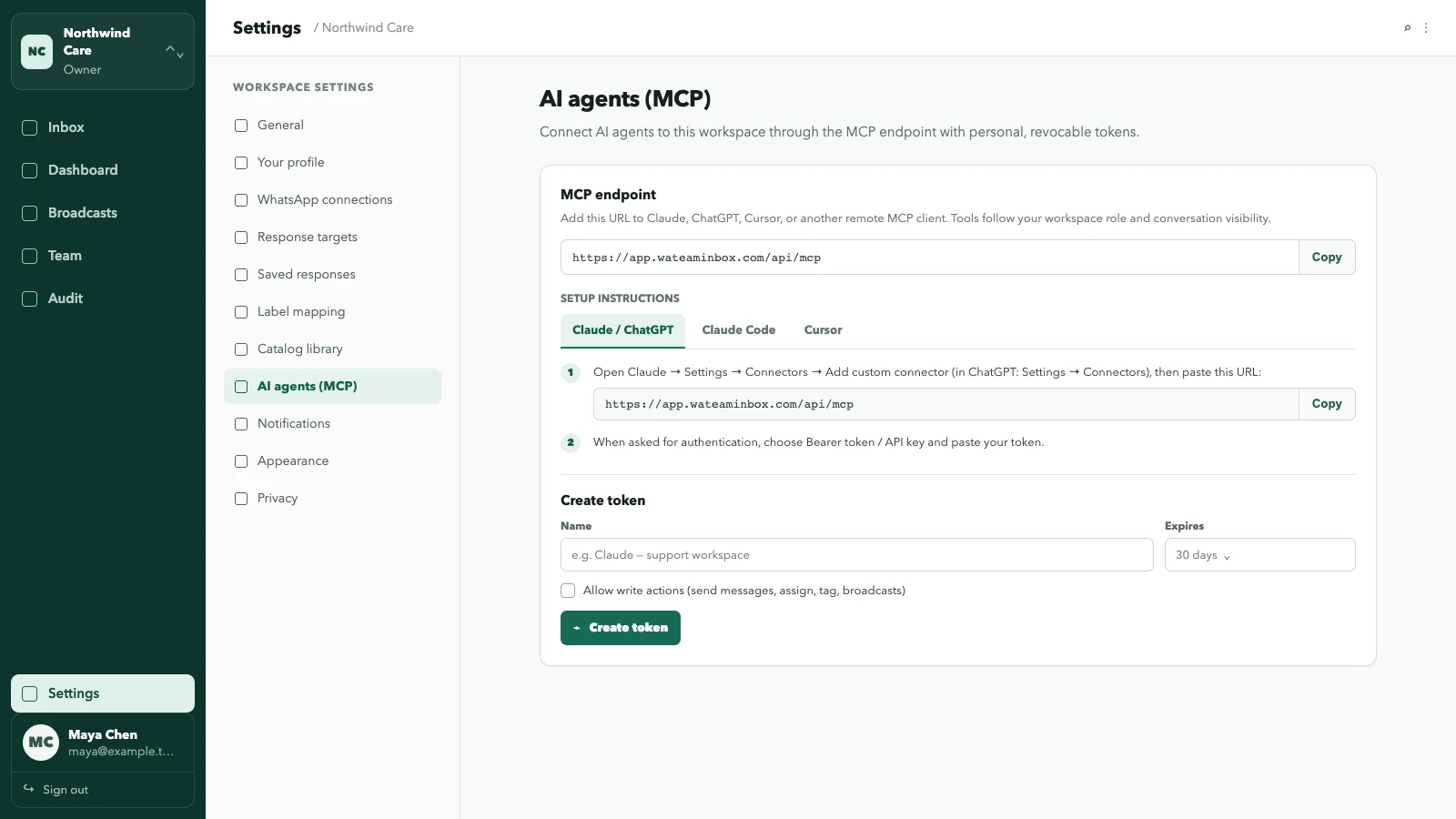 WATeamInbox AI agents settings with MCP endpoint, Claude and ChatGPT instructions, and the create-token form