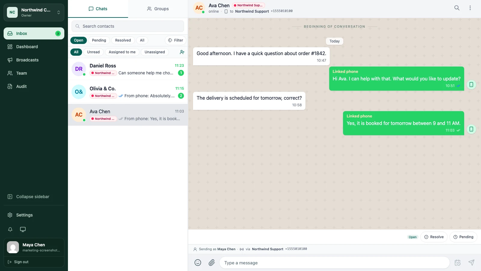 The real WATeamInbox application showing a shared team inbox with synthetic demo conversations