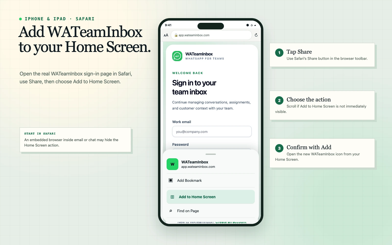 Illustrated Safari steps for adding WATeamInbox to the iPhone Home Screen