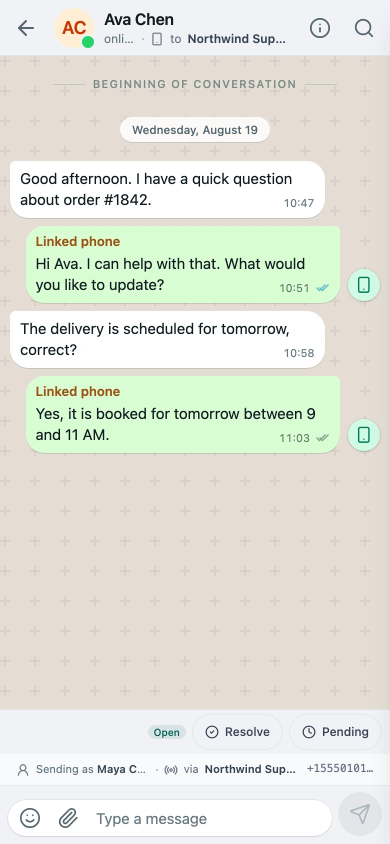 The real WATeamInbox mobile conversation view showing demo messages and the reply composer
